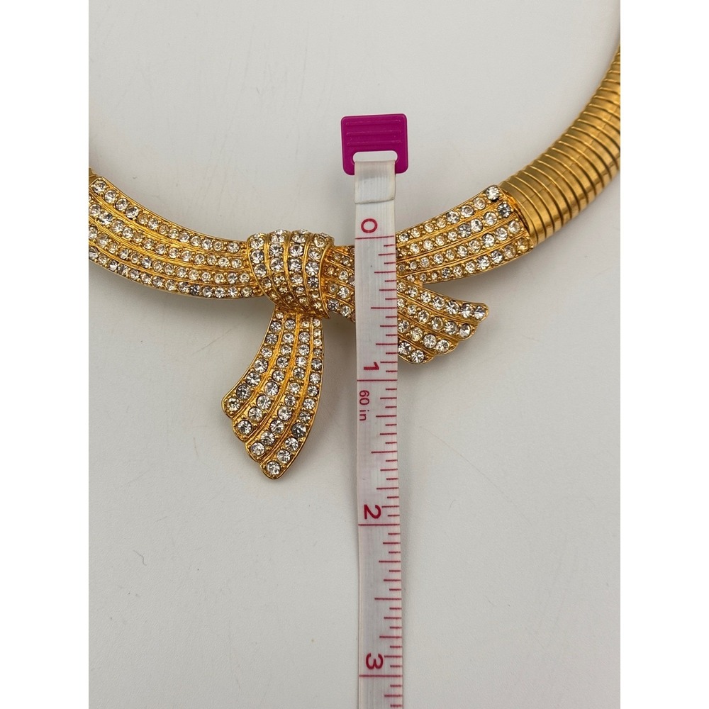 Monet Vintage Gold Tone Omega Pave Rhinestone Bow Collar 80s Statement Necklace - Picture 13 of 13